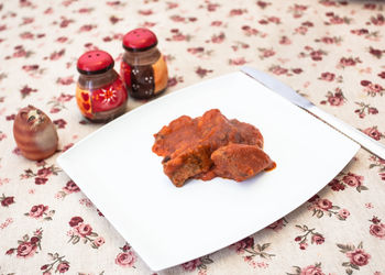 High angle view of dessert in plate on table