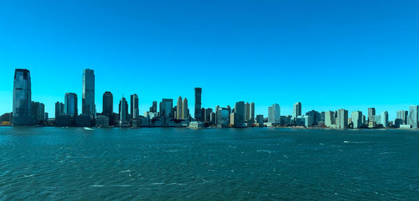 Scenic view of sea against clear blue sky