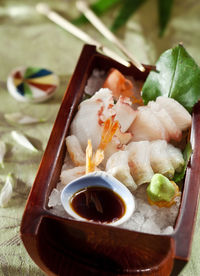 Close-up of food served in tray