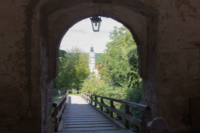 Steps amidst trees against sky seen through arch