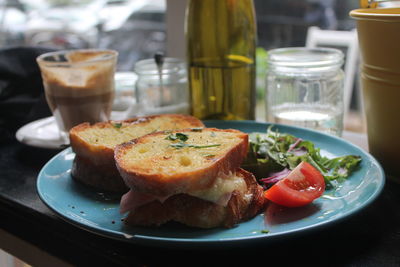 Close-up of croque madam on plate