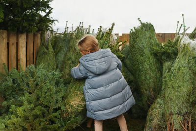 Small girl chooses a christmas tree in the shop.