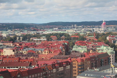 High angle shot of townscape against sky