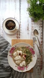 High angle view of breakfast served on table