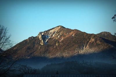 Low angle view of mountains against clear blue sky