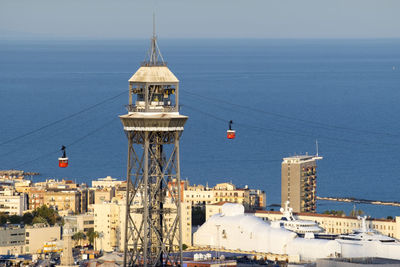 High angle view of overhead cable car at catalonia by sea
