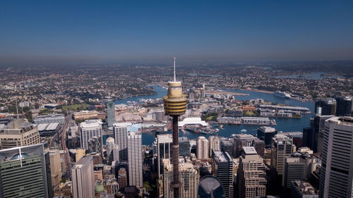 High angle view of city buildings against sky