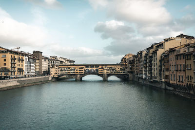 Bridge over river in city against sky