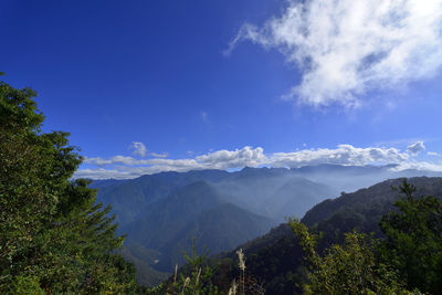 Scenic view of mountains against blue sky