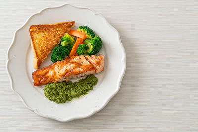 High angle view of food in plate on table