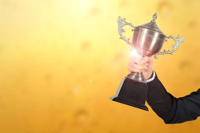 Cropped hand of businesswoman holding trophy