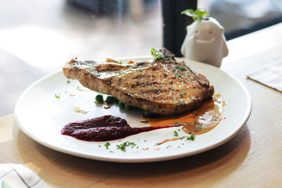 Close-up of food in plate on table