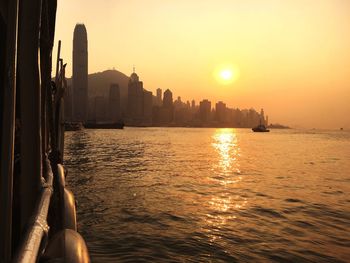 City at waterfront during sunset