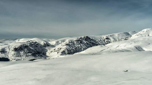 Scenic view of snow covered mountains against sky