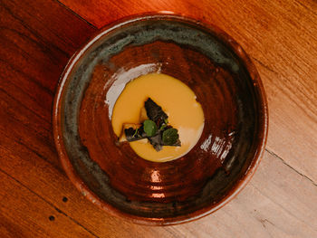 High angle view of food in bowl on table