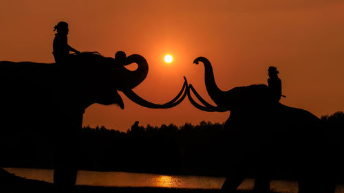 Silhouette people on field against sky during sunset