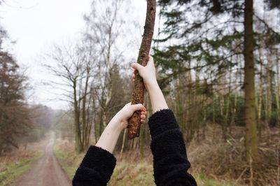Low section of woman standing on tree trunk in forest