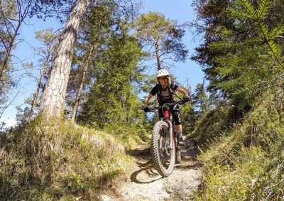 Low angle view of person riding bicycle