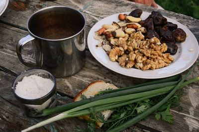 High angle view of breakfast on table