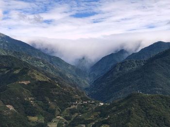 High angle view of mountains against sky