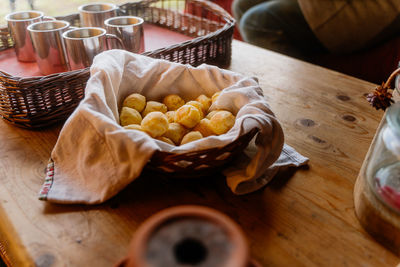 High angle view of pão de queijo on table