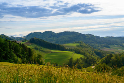 Scenic view of green landscape and mountains against sky