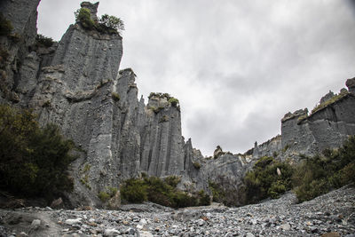 Low angle view of rocks against cloudy sky