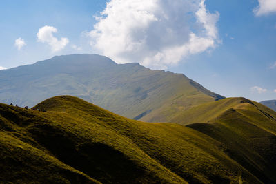 Scenic view of mountains against sky in montefortino, marche italy