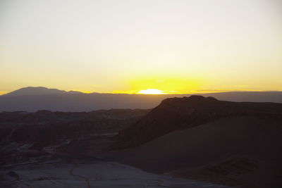 Scenic view of silhouette landscape against clear sky during sunset