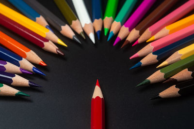 High angle view of multi colored pencils on table