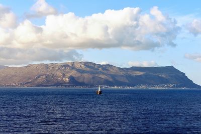 Scenic view of sea by mountains against sky