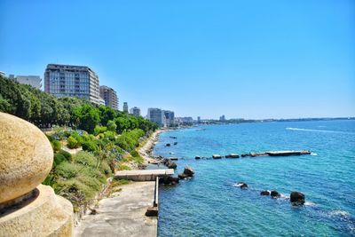 Scenic view of sea against clear blue sky