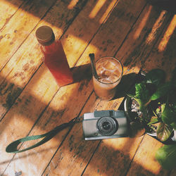 High angle view of wine glasses on table