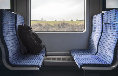 Backpack on train seat by window