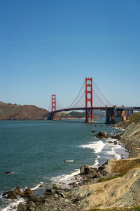 Suspension bridge over river against clear blue sky