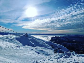 Snow covered landscape against sky