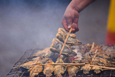 Cropped hand of person preparing food on barbecue grill