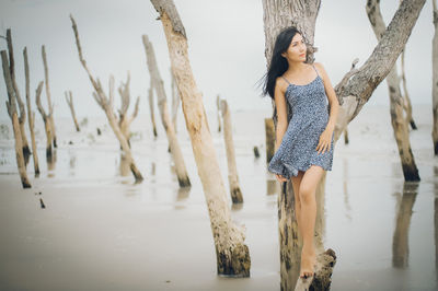 Full length of young woman standing on dead tree in lake