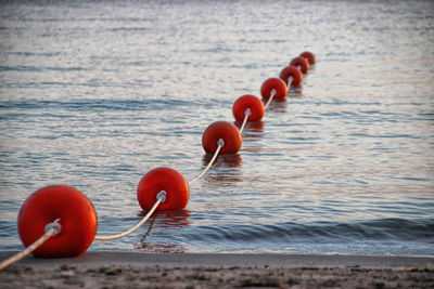 Close-up of red buoys in sea