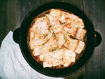 High angle view of bread in pan on table