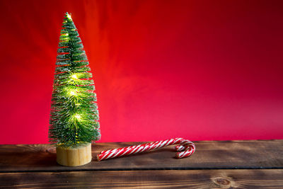 Close-up of christmas tree against red wall