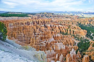 Aerial view of rock formations against cloudy sky