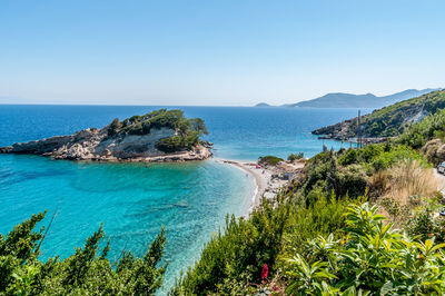 Scenic view of sea against clear blue sky