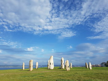 Panoramic view of tourists on grass against cloudy sky