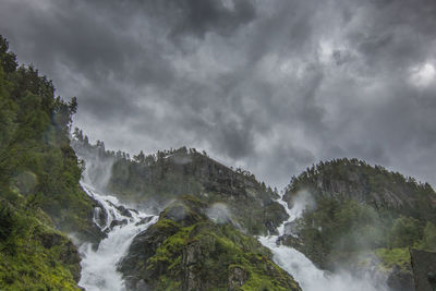 Scenic view of waterfall against sky