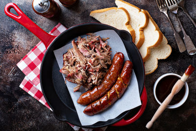 High angle view of food in plate on table