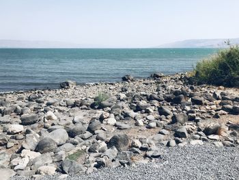 Rocks on beach against clear sky