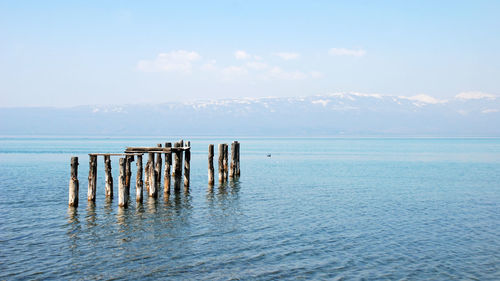 Wooden posts in sea against sky