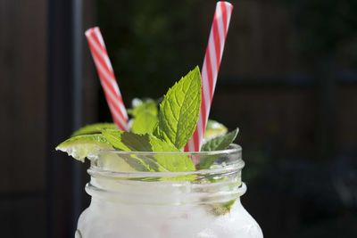 Close-up of mojito in mason jar