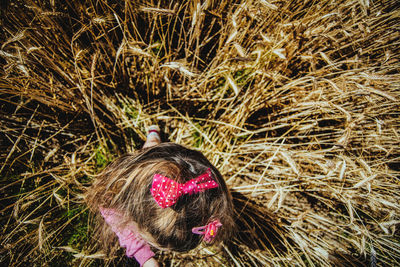 Directly above shot of girl on dry field